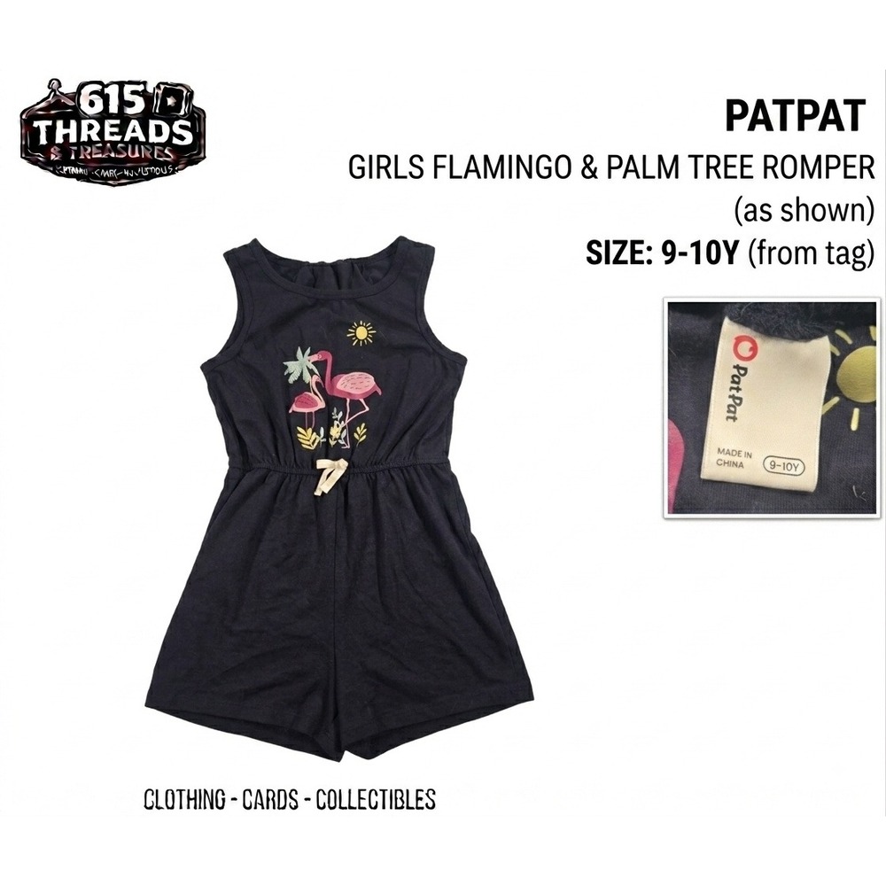 PatPat Girls Flamingo Palm Tree Romper Navy Blue Sleeveless Summer Size 9-10Y